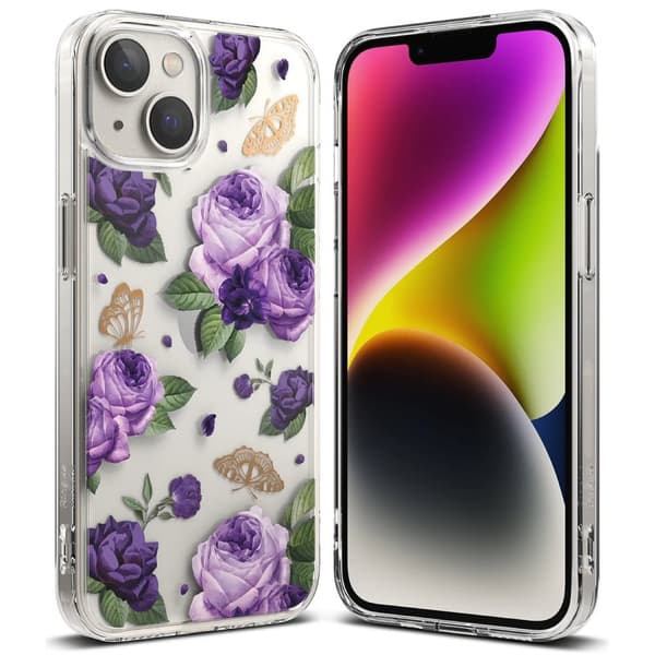 Pansret cover med gelramme iPhone 14 Plus Fusion Design Purple Rose gennemsigtig