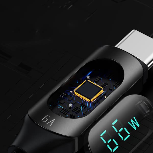 USB-A - USB-C kaapeli LED-näytöllä 66W 6A 1m musta