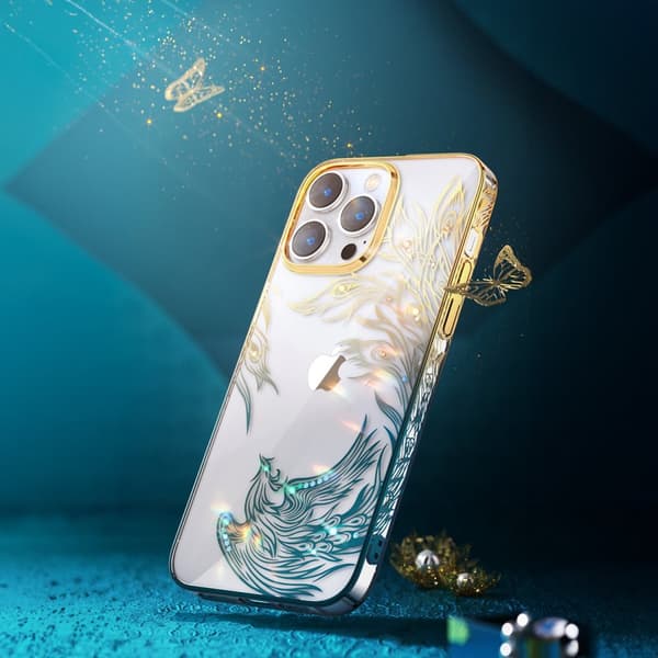 Luksuriøst iPhone 14 Plus cover med Phoenix Series krystaller, guld og blå