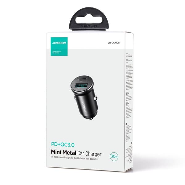 Mini biloplader 30W USB-A QC3.0 USB-C PD sort