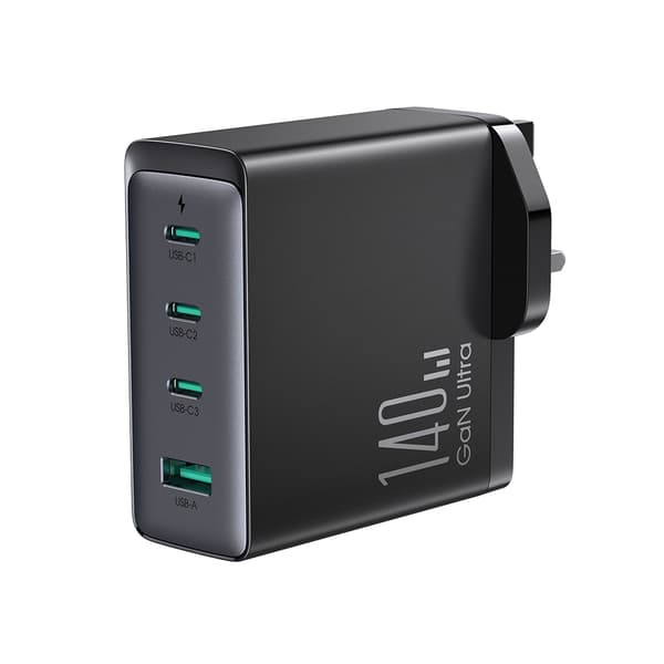 GaN 140W nettlader, engelsk UK plugg 3x USB-C USB-A + USB-C kabel 1,2m