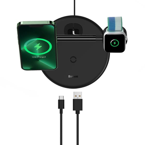 3-i-1-stativ induktiv lader for iPhone Apple Watch AirPods + USB-C-kabel 1m svart