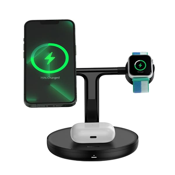 3-i-1-stativ induktiv lader for iPhone Apple Watch AirPods + USB-C-kabel 1m svart