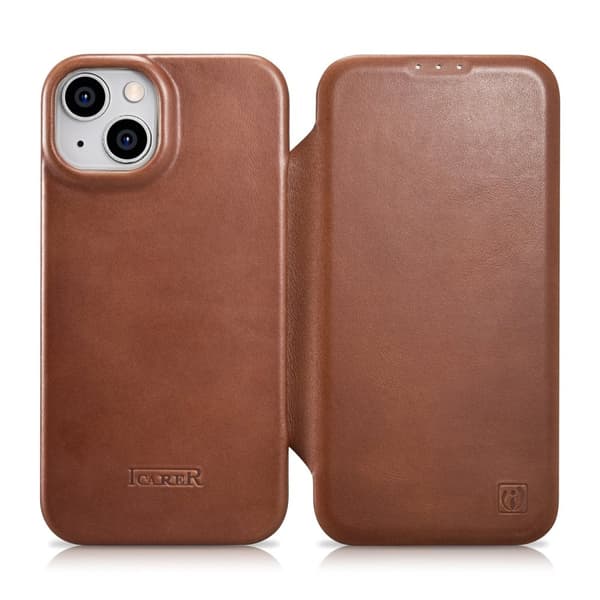 Lædercover til iPhone 14 Plus med magnetisk flip MagSafe CE Oil Wax Premium Læderbrun