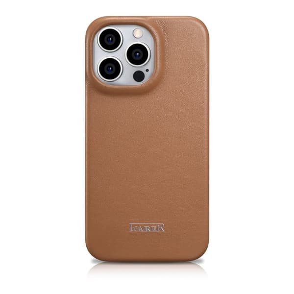 iPhone 14 Pro lærdeksel med klaff magnetisk MagSafe CE Premium Leather lysebrunt