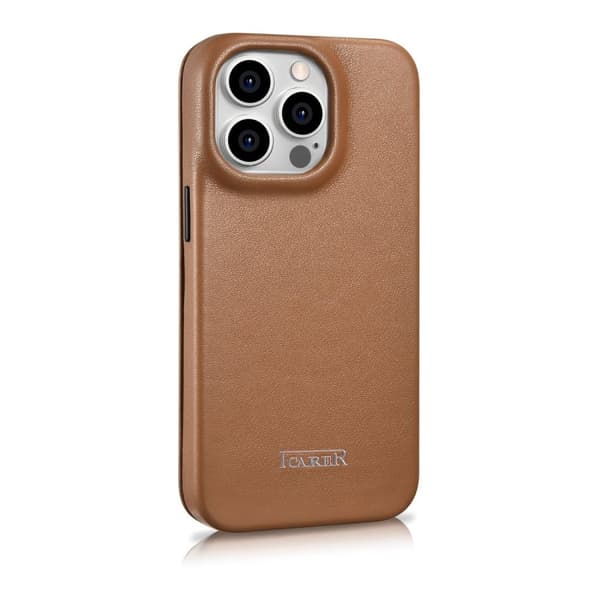 iPhone 14 Pro lærdeksel med klaff magnetisk MagSafe CE Premium Leather lysebrunt