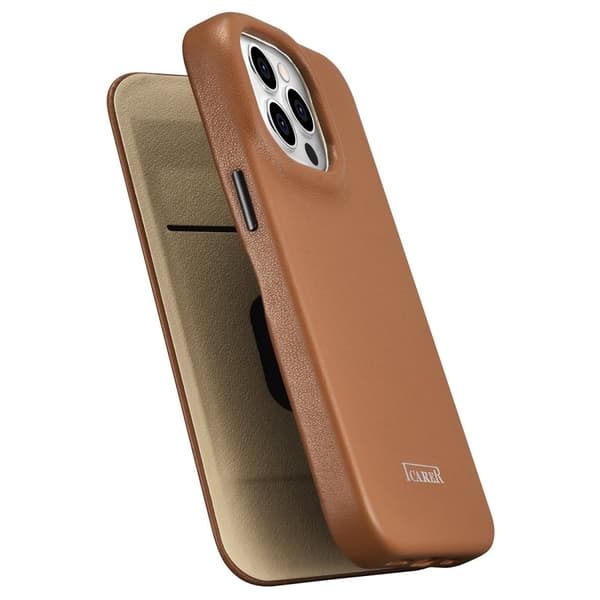 iPhone 14 Pro lærdeksel med klaff magnetisk MagSafe CE Premium Leather lysebrunt