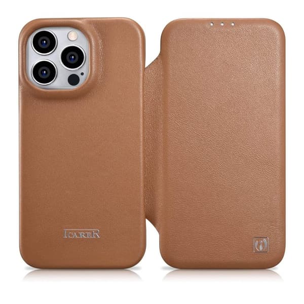iPhone 14 Pro lærdeksel med klaff magnetisk MagSafe CE Premium Leather lysebrunt