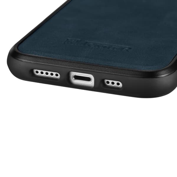 Etui dækket med naturligt læder til iPhone 14 Plus Læderolievoks marineblå