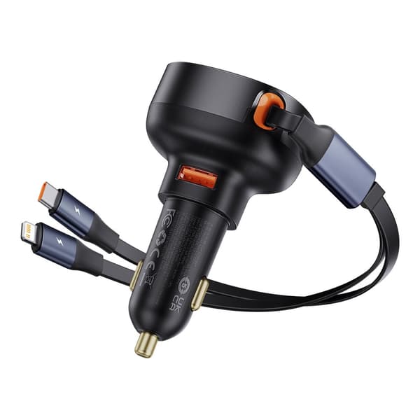 Billader med USB-A og uttrekkbar USB-C-kabel iPhone 60W sort