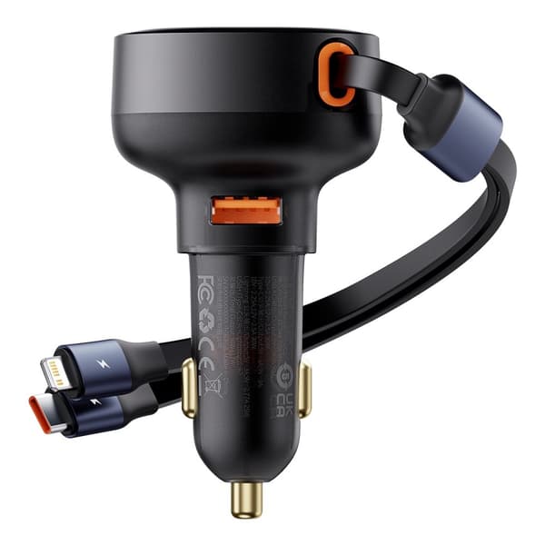 Billader med USB-A og uttrekkbar USB-C-kabel iPhone 60W sort