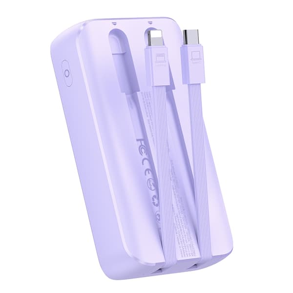 Powerbank 30W 10000mAh med innebygd iPhone Lightning og USB-C-kabler lilla