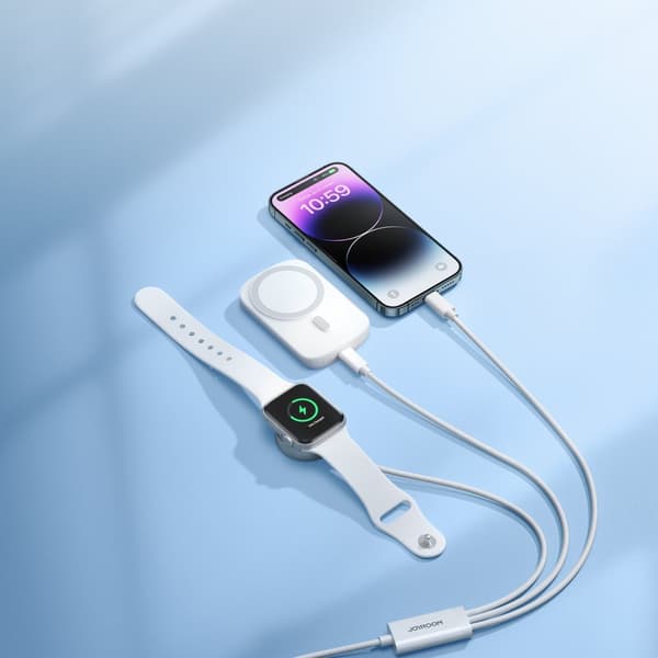 3-i-1-kabel USB-A-kabel med induktiv lader + 1x iPhone Lightning + 1x USB-C 1,2m hvit