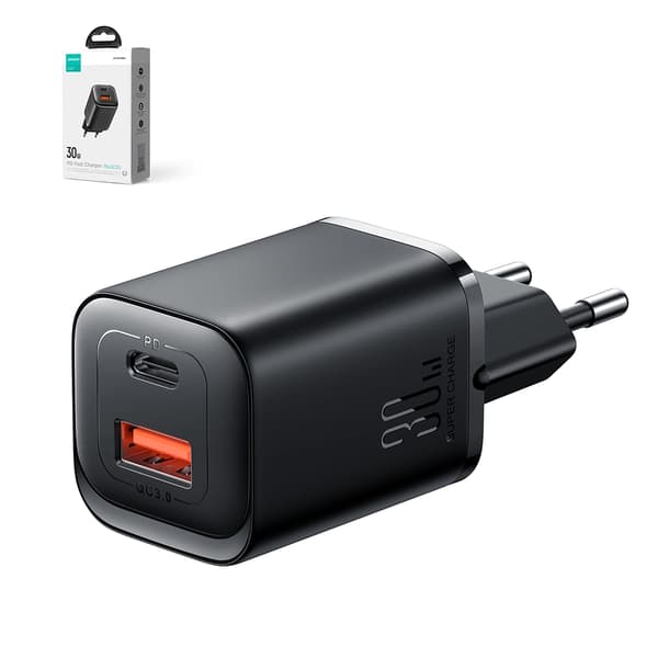 Rask vegglader 30W USB-A og USB-C PD QC AFC FCP svart