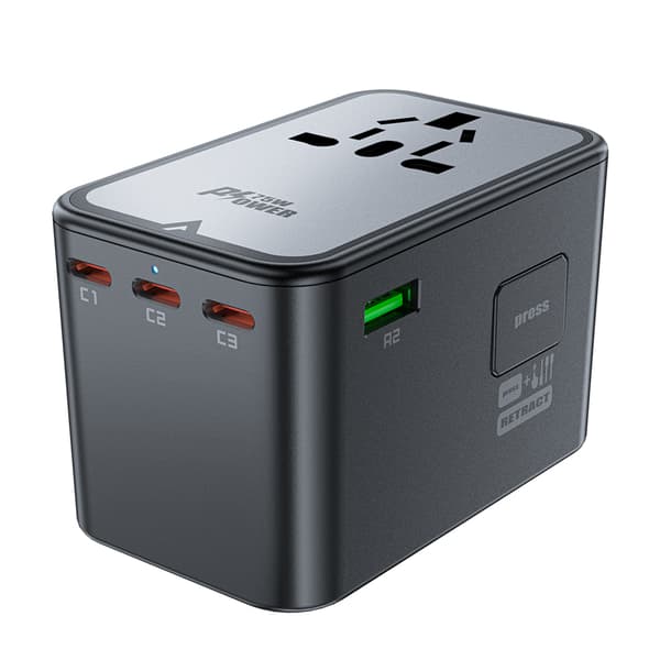 GaN universal rejseoplader 2x USB-A 3x USB-C stik UK EU USA AUS sort