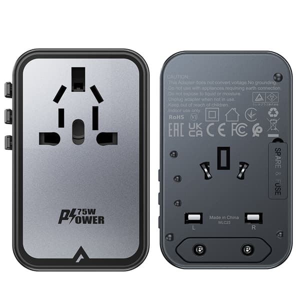 GaN universal rejseoplader 2x USB-A 3x USB-C stik UK EU USA AUS sort