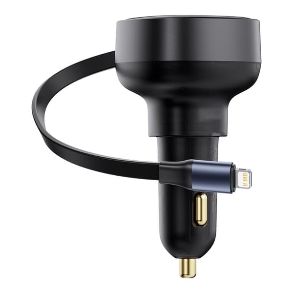 Biloplader med udtrækkeligt kabel til iPhone Lightning USB-C 60W, sort