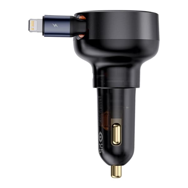 Biloplader med udtrækkeligt kabel til iPhone Lightning USB-C 60W, sort