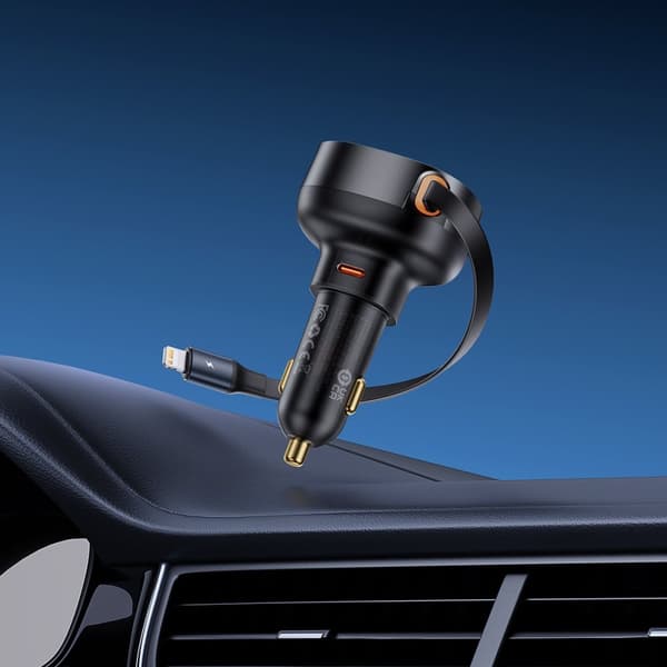Biloplader med udtrækkeligt kabel til iPhone Lightning USB-C 60W, sort