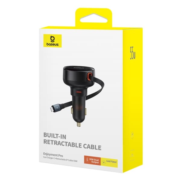 Biloplader med udtrækkeligt kabel til iPhone Lightning USB-C 60W, sort