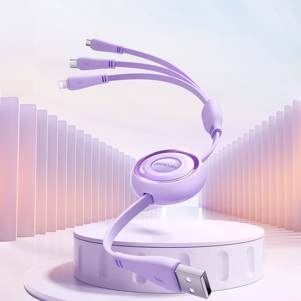 3in1 Colorful Series USB-A til USB-C / iPhone Lightning / microUSB uttrekkbar kabel 1m lilla