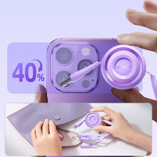 3in1 Colorful Series USB-A til USB-C / iPhone Lightning / microUSB uttrekkbar kabel 1m lilla