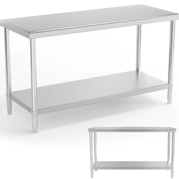 Bord, central bänkskiva i stål med hylla, 150 x 60 cm, upp till 230 kg