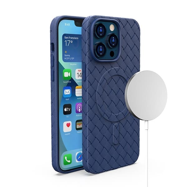 Punottu kotelo iPhone 15:lle MagSafe Woven Case -kuorella, tummansininen