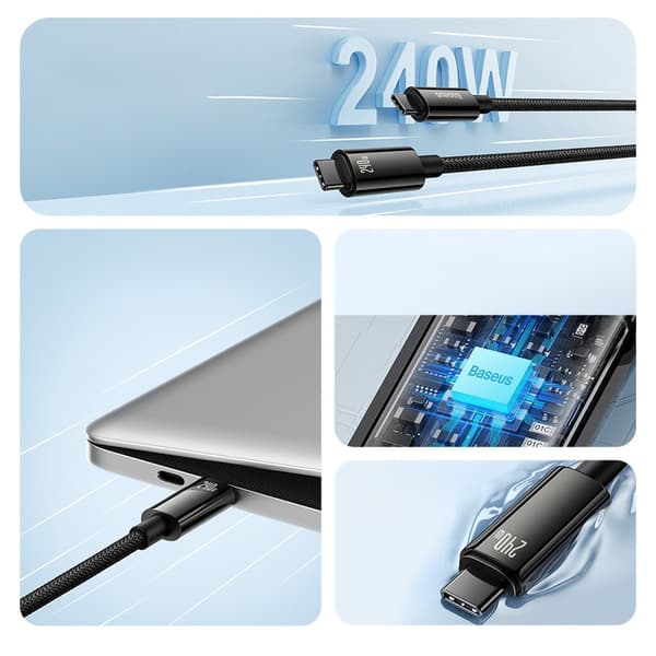 Flettet USB-C-kabel 480Mb/s 240W Tungsten Gold 3m svart