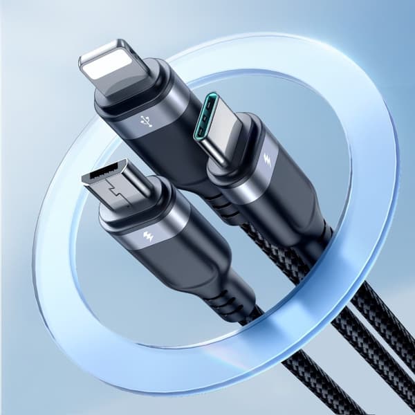 3-i-1 kabel USB-A - iPhone Lightning USB-C microUSB Multi-Use 1,2 m sort