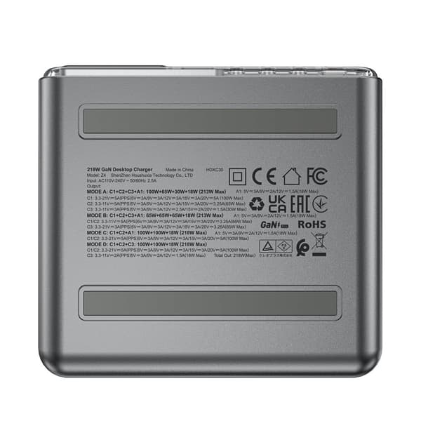 PD 218W GaN laturin voimalaitos 4 portilla 3x USB-C + USB-A harmaa