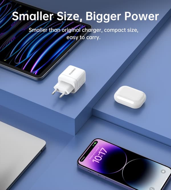 Lille, kraftfuld GaN 2x USB-C PD 35W netværksoplader med display, hvid