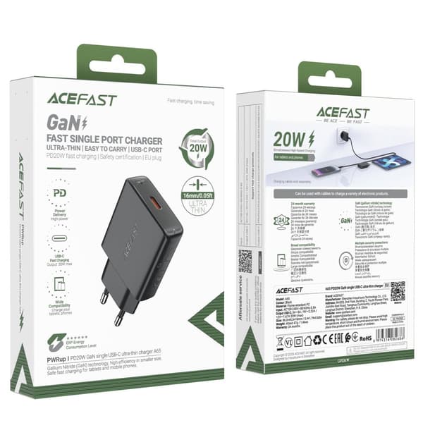 Lille flad GaN PD 20W USB-C oplader, sort