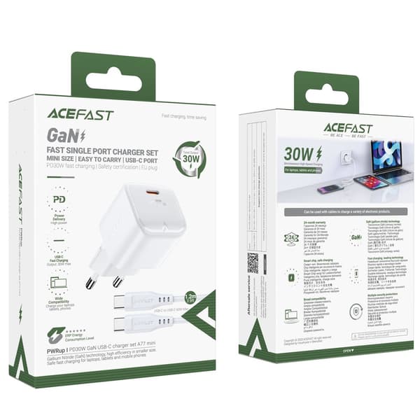 Mini PD 30W GaN lader + USB-C kabel, hvit