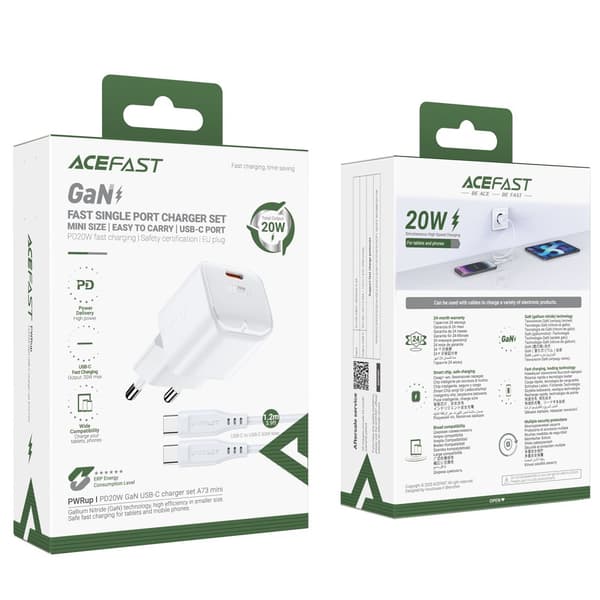 Mini PD 20W GaN oplader + USB-C kabel, hvid