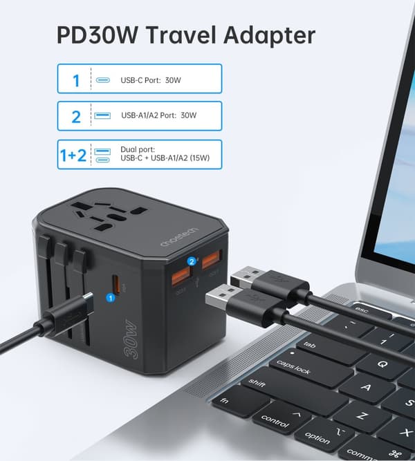 Universal USB-C reiselader 2x USB-A PD 30W US EU UK AU plugger sorte