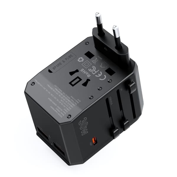 Universal USB-C reiselader 2x USB-A PD 30W US EU UK AU plugger sorte