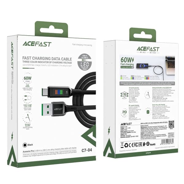 USB-A - USB-C kabel 60W med skjerm 1,2m svart