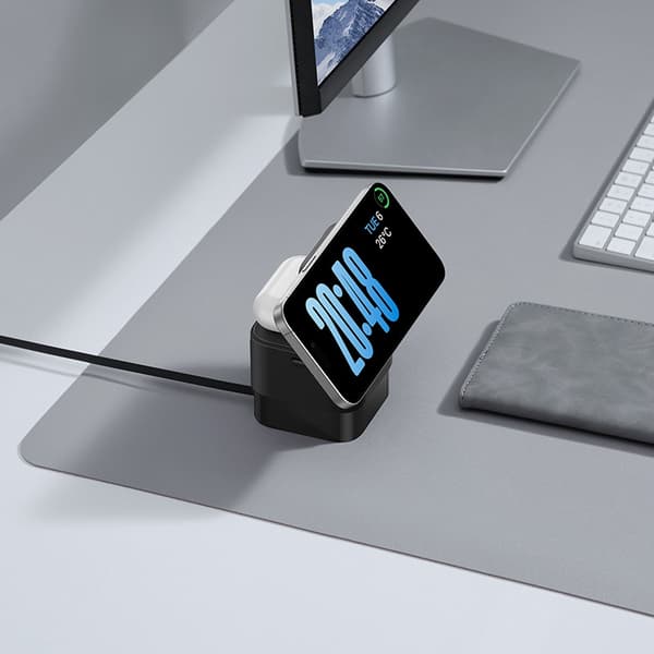 2i1 20W MagSafe Qi trådlös laddare med indragbar USB-C-kabel, svart