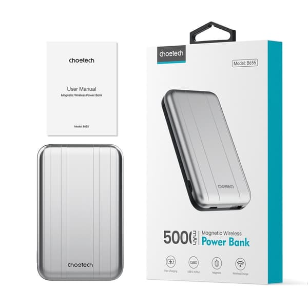Liten lys induksjonsstrømbank 5000mAh MagSafe USB-A USB-C sølv
