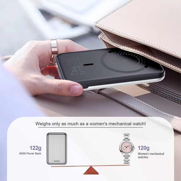 Liten lys induksjonsstrømbank 5000mAh MagSafe USB-A USB-C sølv