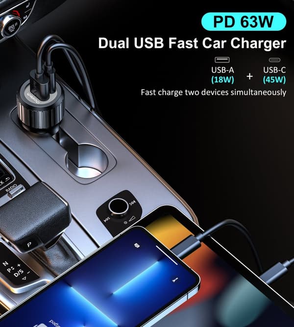 USB-C USB-A PD 63W biloplader, sort