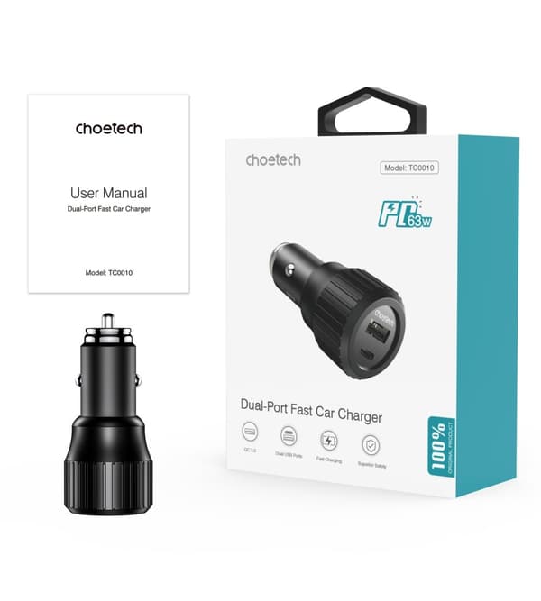 USB-C USB-A PD 63W biloplader, sort