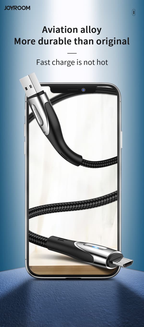 Kabel USB-A - microUSB 3A med laddningsindikator 2m svart