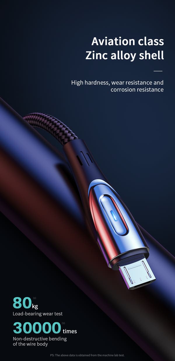Kabel USB-A - microUSB 3A med laddningsindikator 2m svart