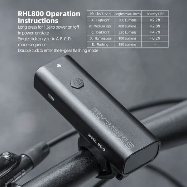 Sykkellykt foran 800lm + USB-C-kabel 4 driftsmoduser