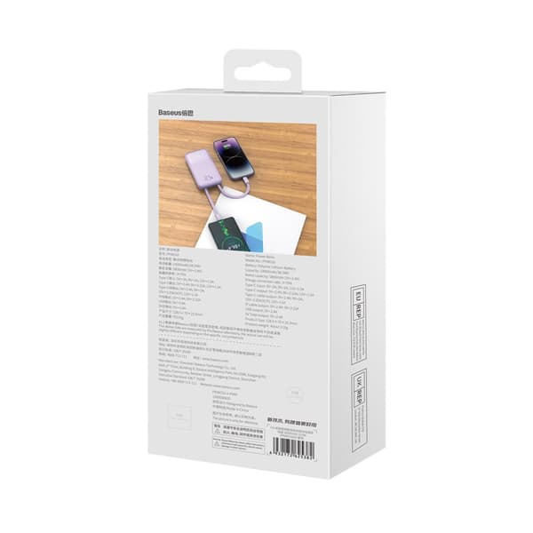 Powerbank med skjerm 10000mAh 22,5W + USB-A / USB-C-kabel lilla