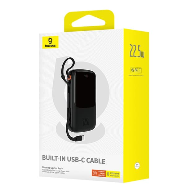 Qpow Pro+ 10000mAh powerbank med USB-C-kabel og skjerm - svart