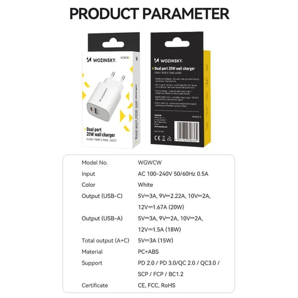 20W USB-A USB-C vægoplader 100-240V hvid
