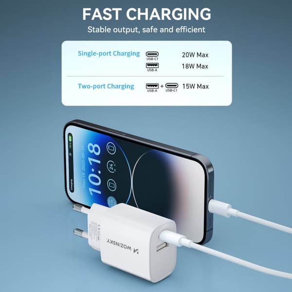 20W USB-A USB-C vægoplader 100-240V hvid